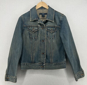 GAP Jacket Womens M Denim Trucker Jean Moto Button Front Cotton Washed Blue Vtg